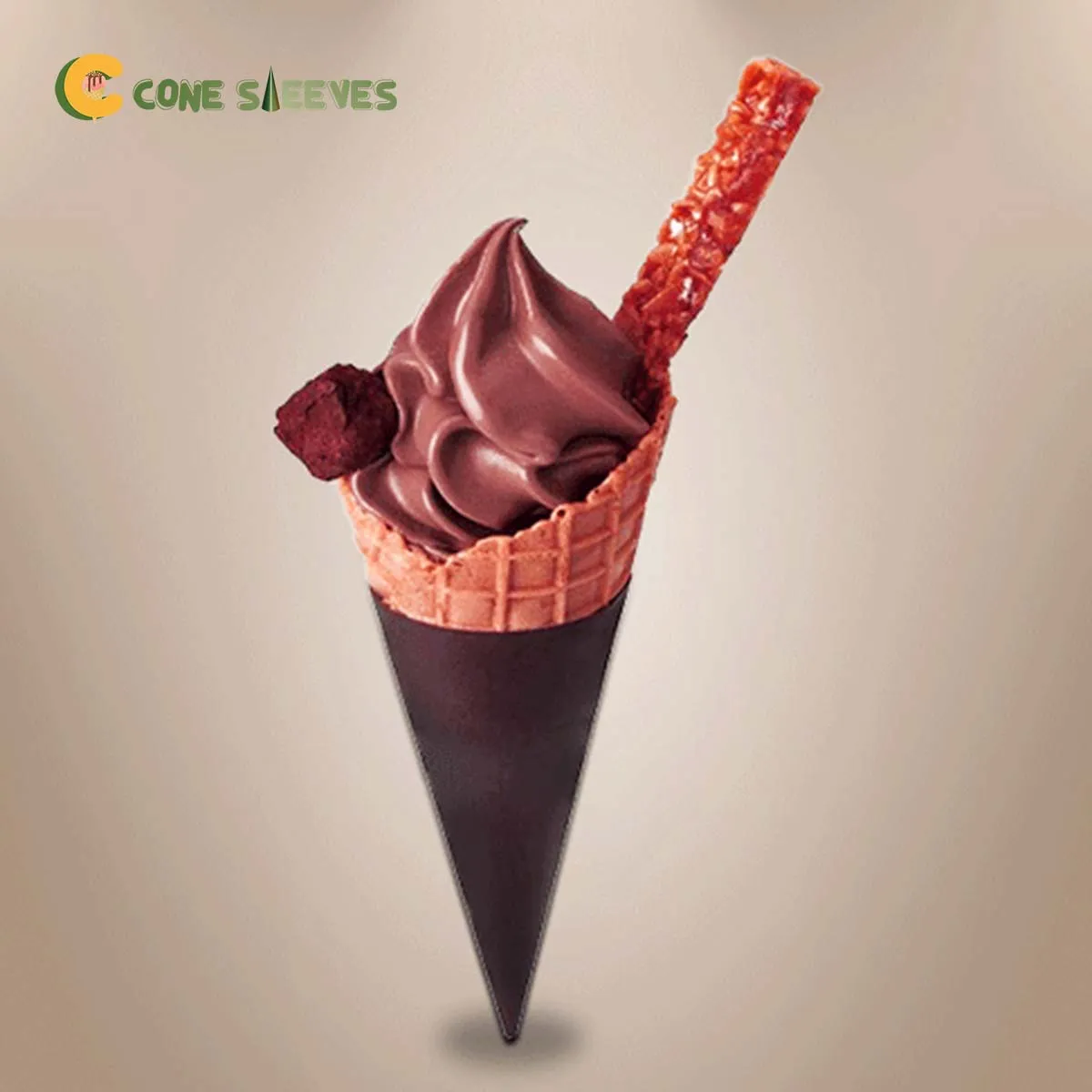 Custom printed cone sleeve wrapped around a waffle cone